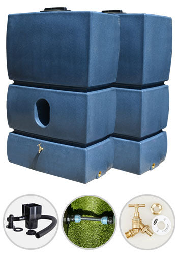 2 x 1500 Litre Water Butt Twin Pack Linked - Blue Marble